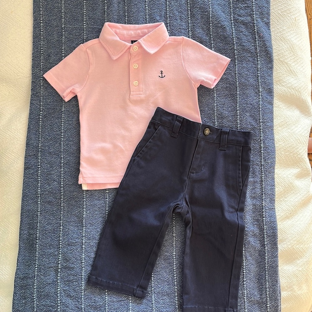Janie and Jack 6-12 month pink polo, navy blue pants/chinos